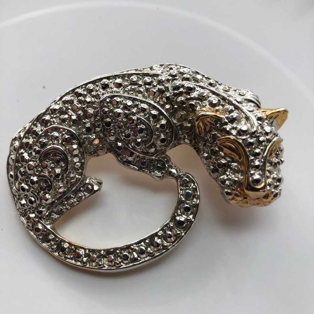 Vintage Silver and Gold toned Metal Rhinestone MCM Heavy Brooch 2.5" x 2"